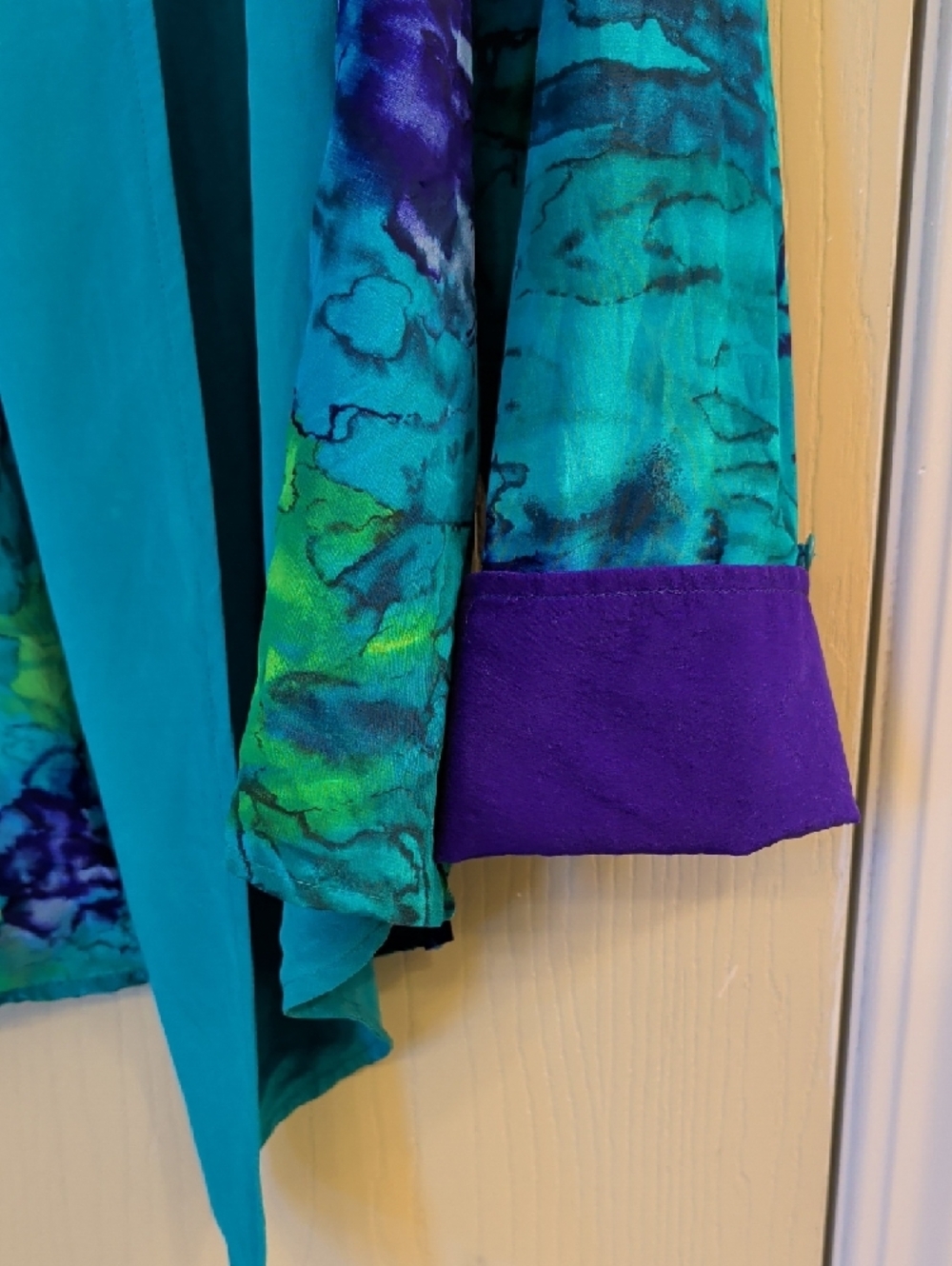 Diane Gilman 100% Silk Watercolor Cardigan Size M | Teal Open Front Duster Top - Picture 2 of 10